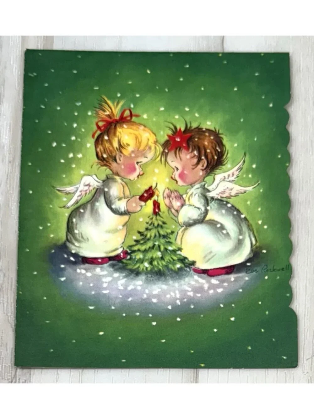 VTG UNUSED Christmas Card Artist EVE ROCKWELL Cheerie Cherubs Tree Lighting 103